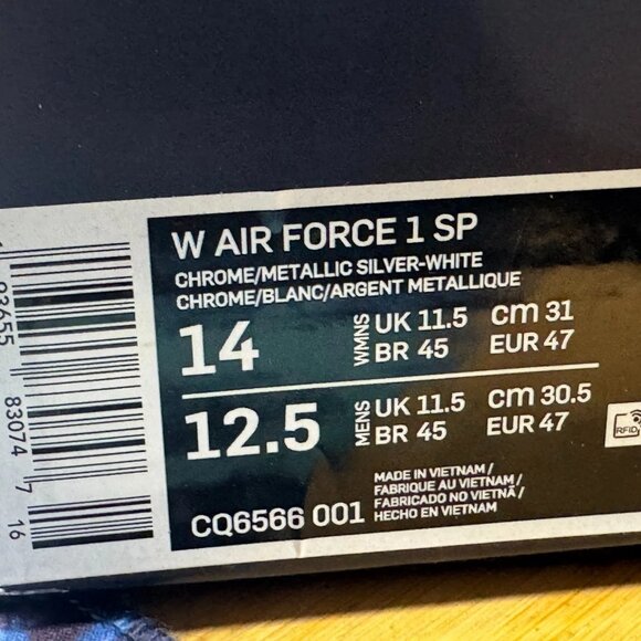 Size 14 Nike Air Force 1 SP Chrome Metallic Silver Womens Sneaker CQ6566-001 - Picture 9 of 11